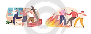 Terrified People Flee As Earthquake And Fire Wreak Havoc, Leaving Destruction In Their Wake Cartoon Vector Illustration photo