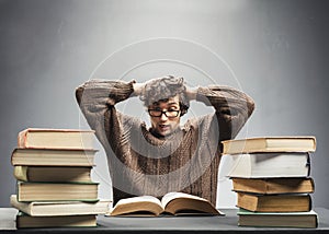 Terrified student reading a book.