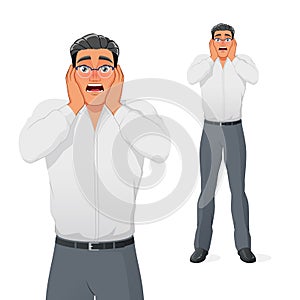 Terrified young businessman holding his head in panic. Isolated vector illustration.