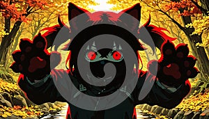 Terrifying Anime Cat Girl Ninja Close-Up with Red Eyes photo