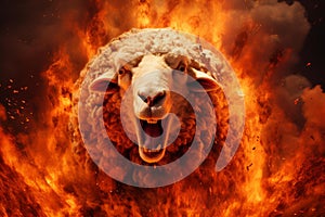 Terrifying Nightmare sheep with fire flames. Generate ai