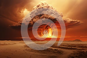 Terrifying Nuclear explosion cloud desert. Generate Ai