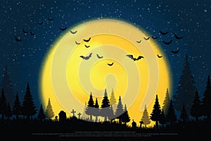 A terrifying pine forest, with graves, on a full moon night and a swarm of bats flying out. background. photo