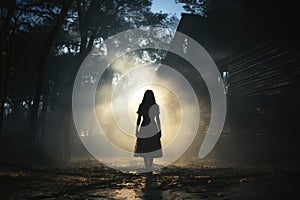 A terrifying scene of a little girl in front of a strong light photo