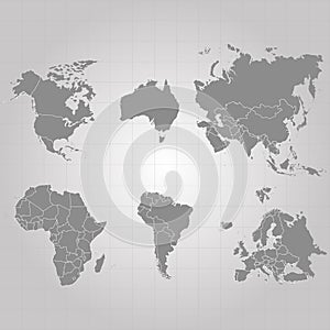 Territory of continents - USA North America South America, Africa, Europe, Asia, Eurasia, Australia. Gray background. Vector