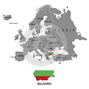 Territory of Europe continent. Bulgaria. Separate countries with flags. List of countries in Europe. White background. Vector illu