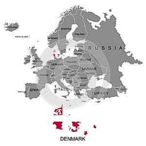 Territory of Europe continent. Denmark. Separate countries with flags. List of countries in Europe. White background. Vector illus