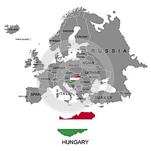 Territory of Europe continent. Hungary. Separate countries with flags. List of countries in Europe. White background. Vector illus