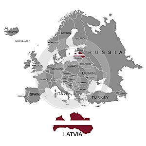 Territory of Europe continent. Latvia. Separate countries with flags. List of countries in Europe. White background. Vector illust