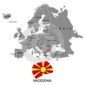 Territory of Europe continent. Macedonia. Separate countries with flags. List of countries in Europe. White background. Vector ill