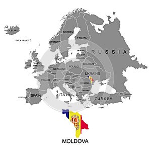 Territory of Europe continent. Moldova. Separate countries with flags. List of countries in Europe. White background. Vector illus