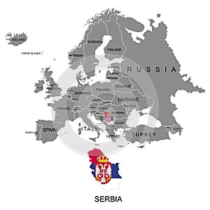 Territory of Europe continent. Serbia. Separate countries with flags. List of countries in Europe. White background. Vector illust