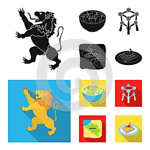 Territory on the map, brussels sprouts and other symbols of the country.Belgium set collection icons in black,flat style