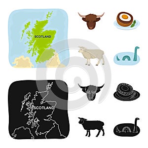 Territory on the map, bull head, cow, eggs. Scotland country set collection icons in cartoon,black style vector symbol