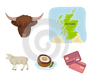 Territory on the map, bull`s head, cow, eggs. Scotland country set collection icons in cartoon style vector symbol stock