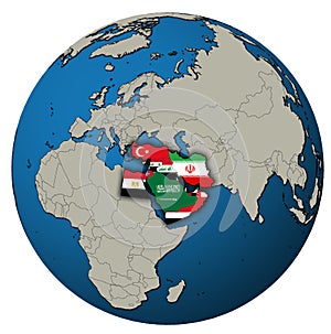 territory of middle east region with country flags over globe map