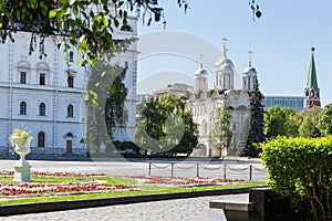 On the territory of the Moscow Kremlin on a summer sunny day. Kremlin, Moscow, Russia