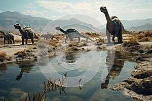 Territory Of Neutrality Where Predatory And Herbivorous Dinosaurs Drink Water By The Reservoir. Generative AI photo