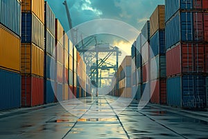 Territory port terminal storage a row stacked cargo shipping containers for logistic transportation
