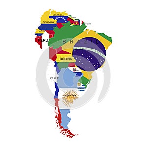 Territory of South America continent. Separate countries with flags. List of countries in South America. White background. Vector photo