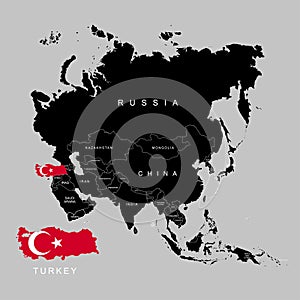 Territory of Turkey on Asia continent. Flag of Turkey. Vector illustration