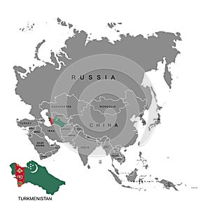 Territory of Turkmenistan on Asia continent. Flag of Turkmenistan. Vector illustration