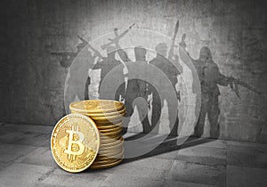 Terrorism concept. E-financing of terror. Stack of bitcoin cast shadow in form of band of terrorists with weapons. 3d photo