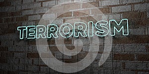 TERRORISM - Glowing Neon Sign on stonework wall - 3D rendered royalty free stock illustration