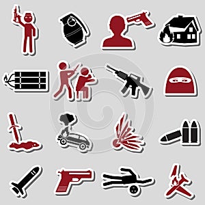 Terrorism theme set of red and black stickers icons eps10