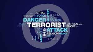Terrorist attack danger military terrorism war weapon animation bomb army terror animated word cloud background in uhd