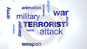 Terrorist attack danger military terrorism war weapon animation bomb army terror animated word cloud background in uhd