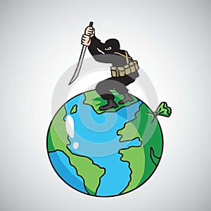 Terrorist Attack Destroying the World Peace. Vector Cartoon Illustration