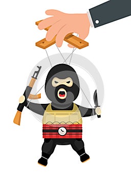 Terrorist puppet with gun, bomb and knife on ropes. Terrorist marionette on ropes controlled.