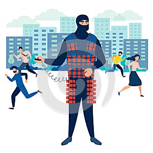 Terrorist threatens society to detonate a bomb. In minimalist style Cartoon flat raster