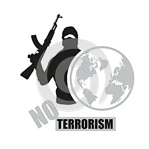 Terrorist with weapon. Stop terrorism. Terrorism concept.