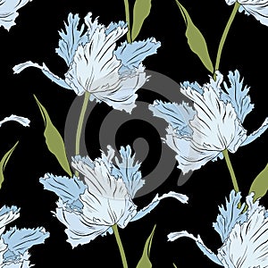 Terry blue tulips on black. Seamless pattern. Hand drawn vector illustration. Line art. Texture for print, fabric