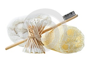 Terry towel, sponge loofah, bamboo sticks ear and toothbrush