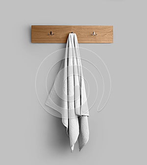 Terry white towel template on a wooden hanger, hanging towelling for design, branding, presentation