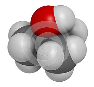 Tert-butyl alcohol tert-butanol solvent molecule. 3D rendering. Atoms are represented as spheres with conventional color coding