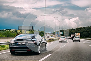 Tesla Model S 85 Car In Motion On Motorway Highway Freeway Road