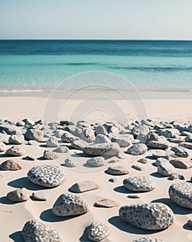 Tessellated Rocks On The Beach With The Ocean.