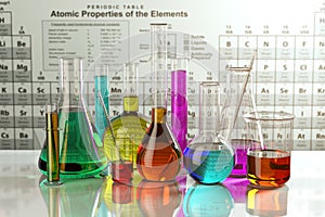 Test glass flasks and tubes with colored solutions on the period