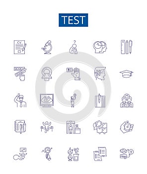 Test line icons signs set. Design collection of No periodExam, Assess, Assay, Assess, Evaluate, Analyze, Measure