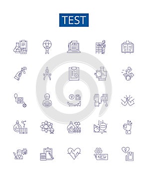 Test line icons signs set. Design collection of No periodExam, Assess, Assay, Assess, Evaluate, Analyze, Measure