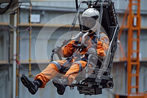 A test pilot in a suit and helmet sitting in an ejection seat. Testing an ejection seat in a special hangar at the