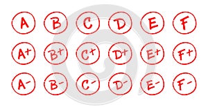 Test score collection isolated on white background. Set of grades for school with plus and minus signs.