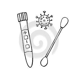 Test tube, beaker with swab and molecule virus isolated on white background. Covid-19 test. Blood samples. Flu analysis for