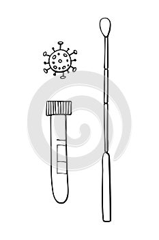 Test tube, beaker with swab and molecule virus isolated on white background. Covid-19 test. Blood samples. Flu analysis for