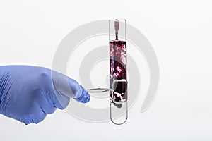Test tube with black reagent and pipette close-up. Colored liquid in test tube in hand. Black liquid drop from glass pipette to