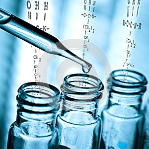 Test tube containing chemical liquid in laboratory, lab chemistry or science research and development concept.